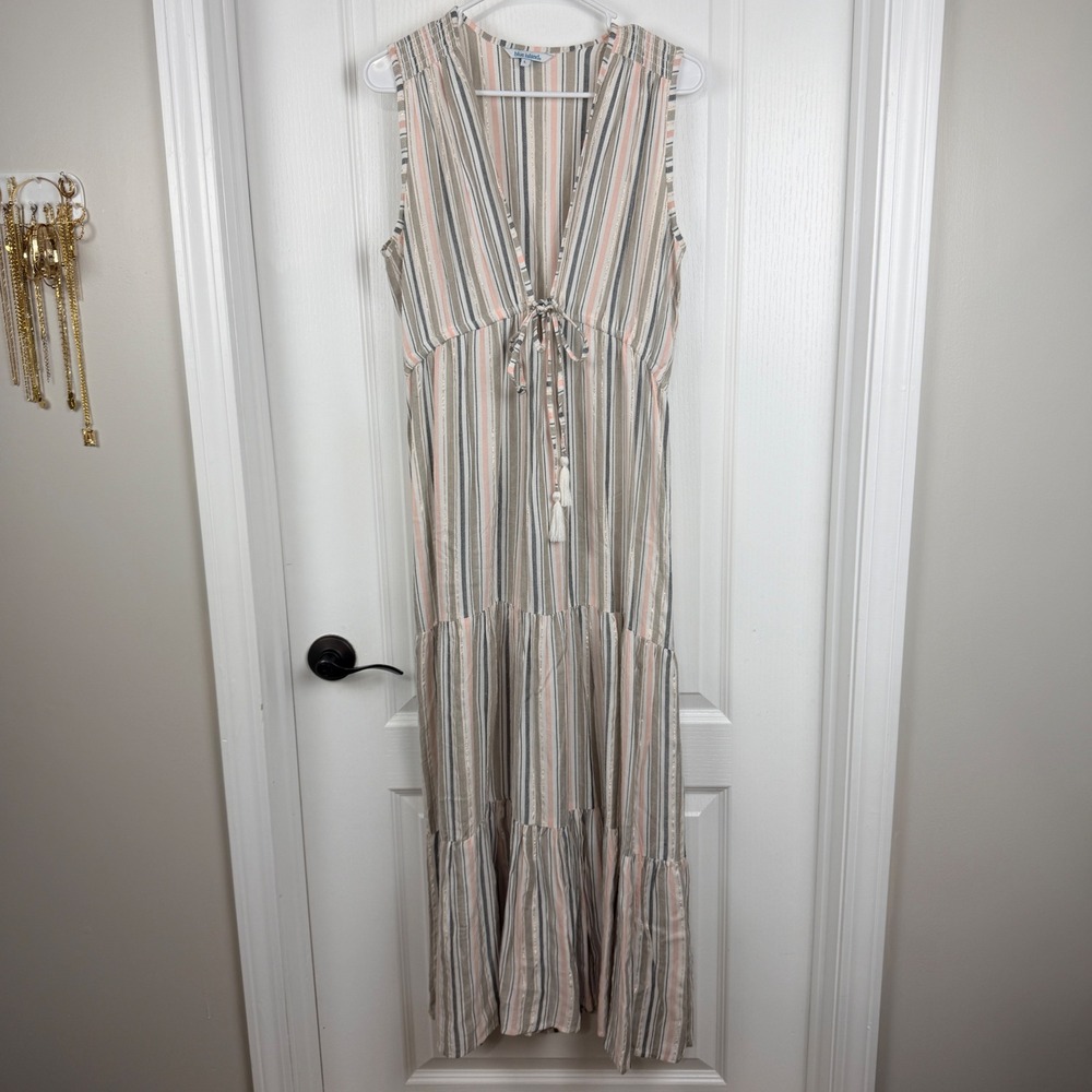 Blue Island Maxi Dress Women's Large Stripe Lurex V-Neck Tiered Boho Sleeveless